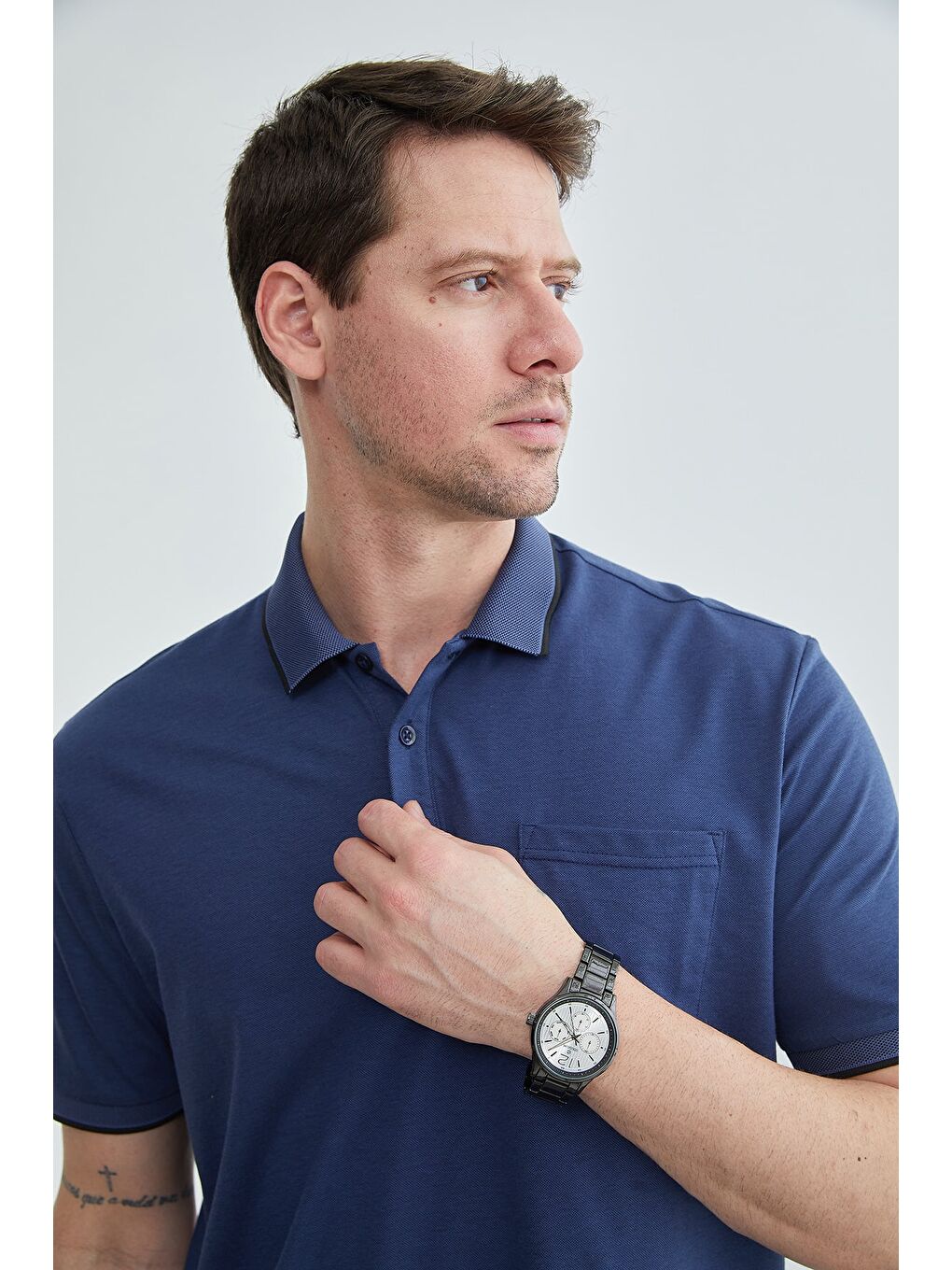 Lacivert Düğmeli Tek Cepli Polo Yaka Tişört-2