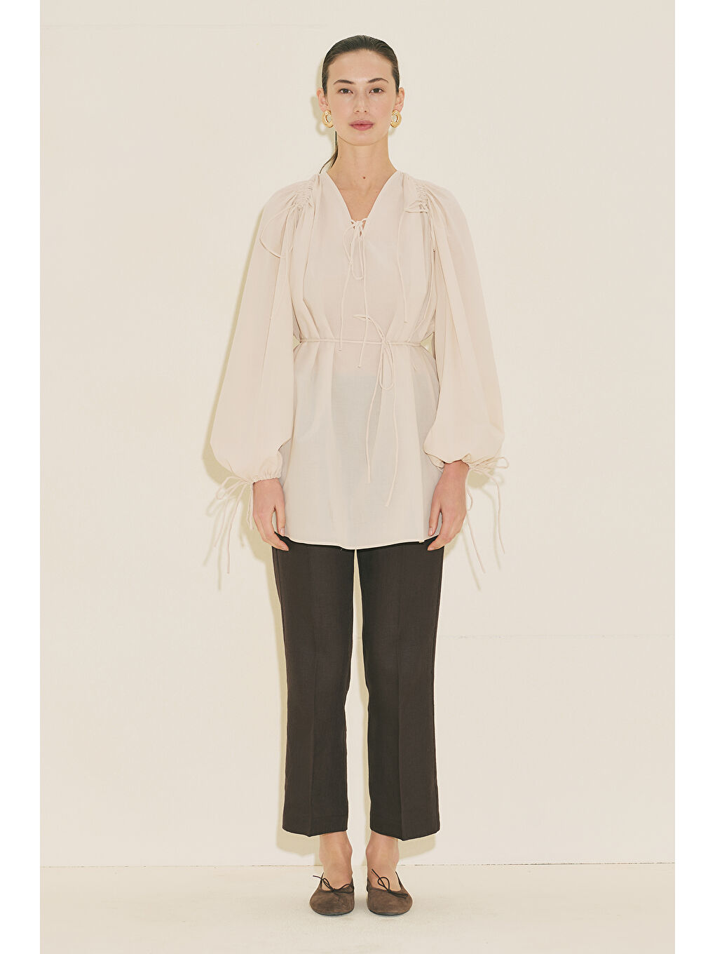 Bej Bağlama Detaylı Tunik Vanilya-6