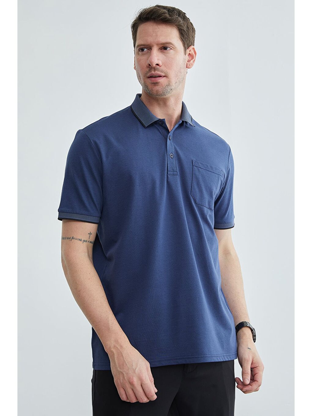 Lacivert Düğmeli Tek Cepli Polo Yaka Tişört-3