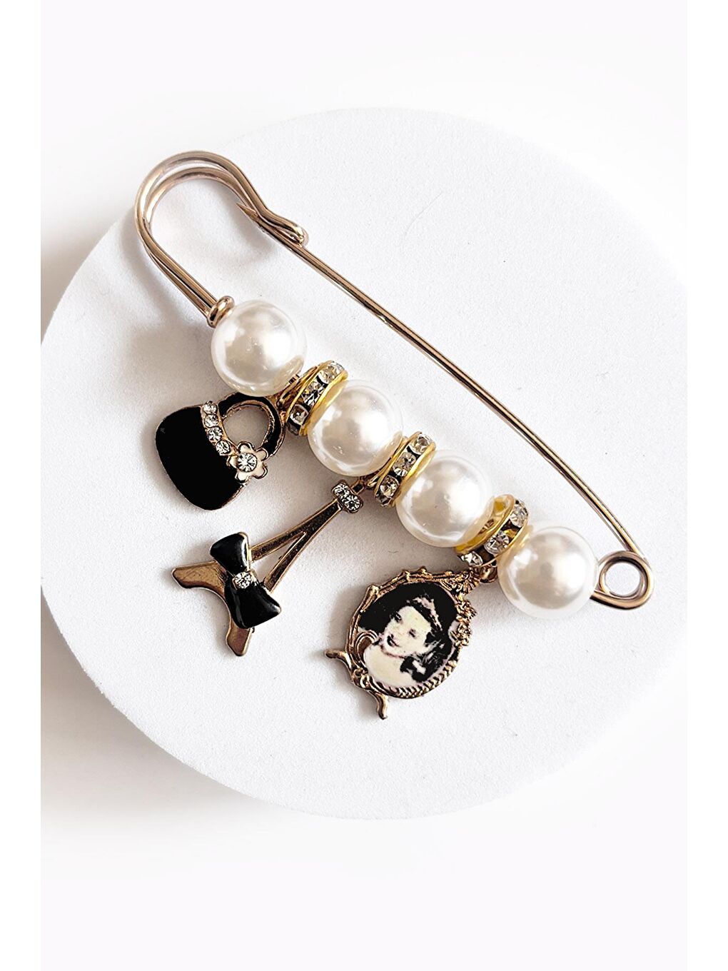 Sarı Emily Paris Detaylı Vintage Yaka İğnesi Broş-4