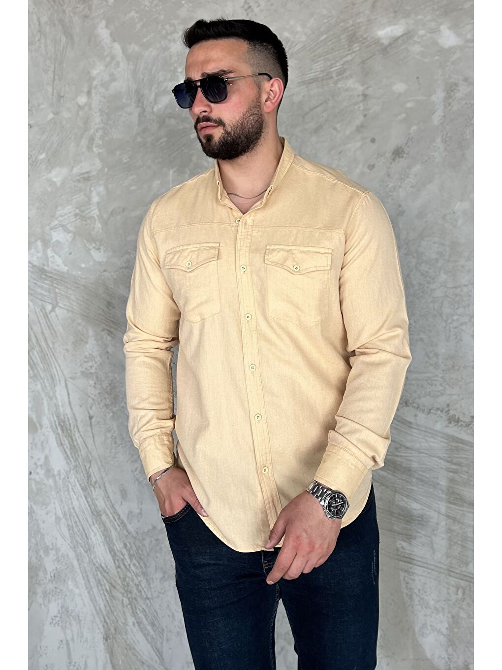 Kahverengi Çift Cepli Erkek Uzun Kol Gömlek-1