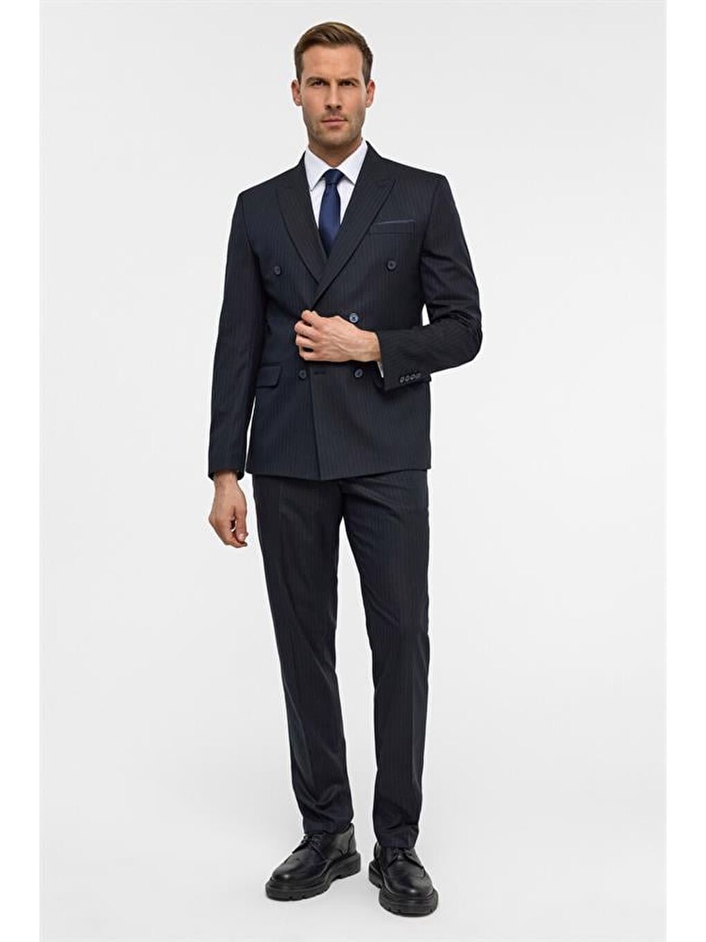 Lacivert Slim Çizgili Kruvaze Yaka 6 Drop Takım Elbise-1