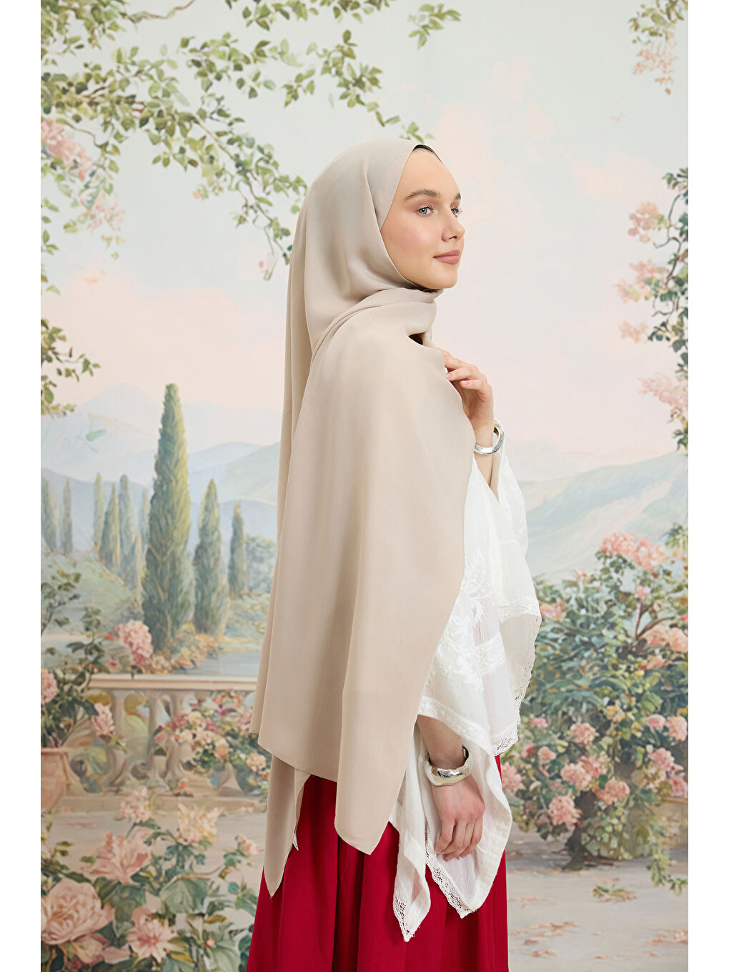 Bej Floş Viskon Düz Şal Taş-5