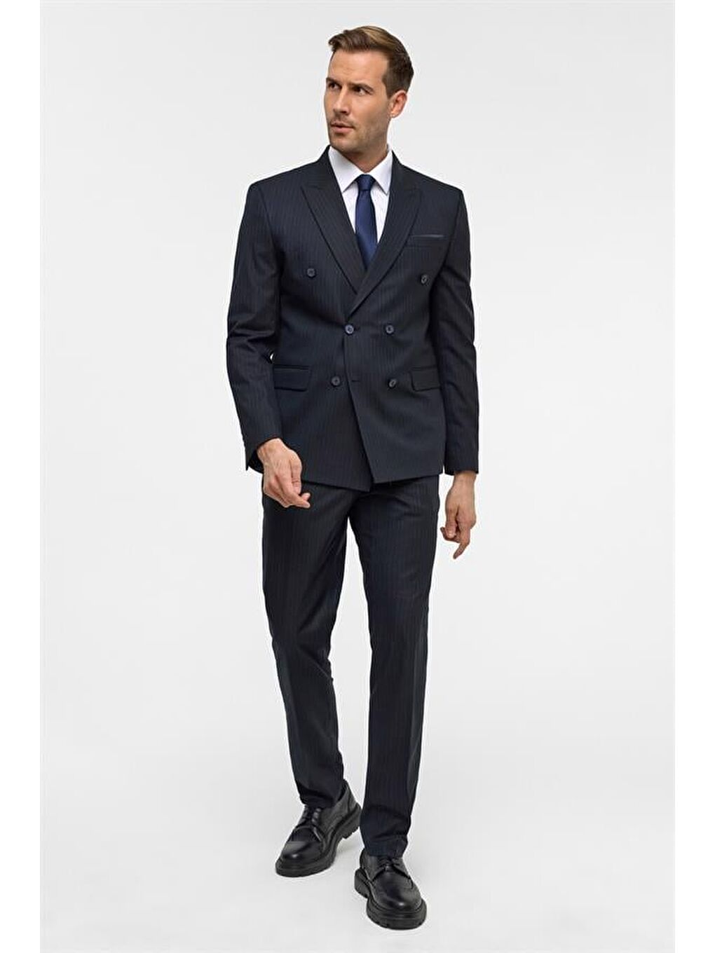 Lacivert Slim Çizgili Kruvaze Yaka 6 Drop Takım Elbise-2