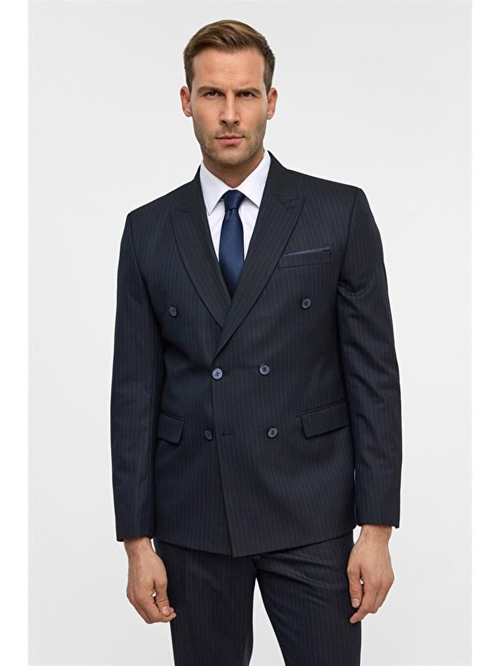 Lacivert Slim Çizgili Kruvaze Yaka 6 Drop Takım Elbise-3