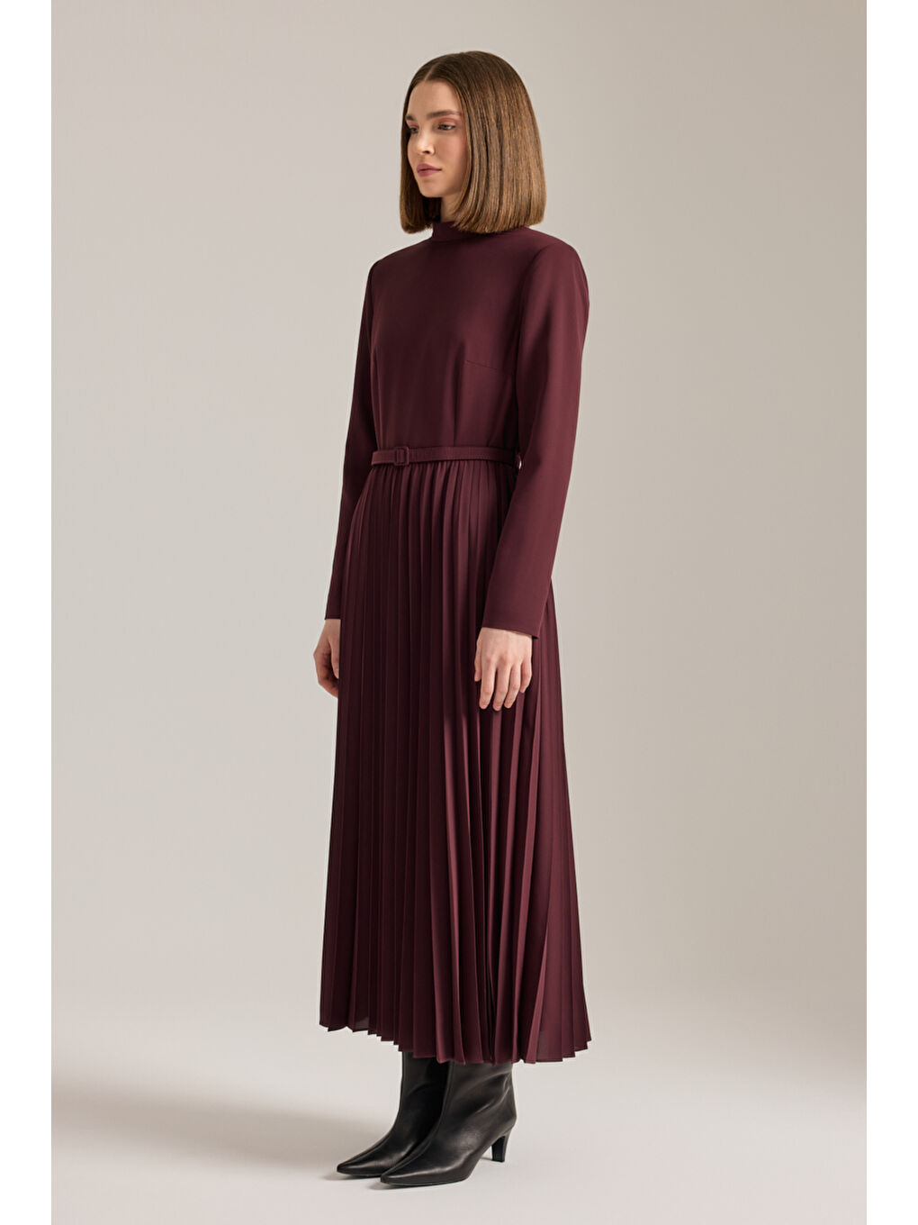 Bordo Piliseli Elbise-3