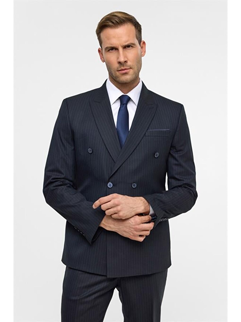 Lacivert Slim Çizgili Kruvaze Yaka 6 Drop Takım Elbise-4