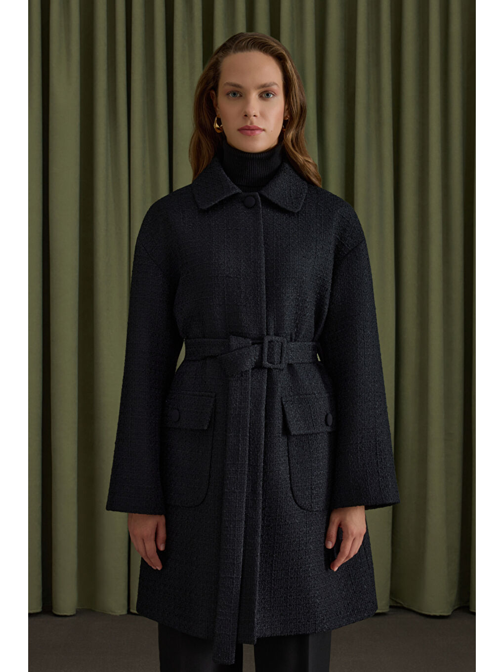 Siyah Seyyar Kemerli Tweed Kap-1