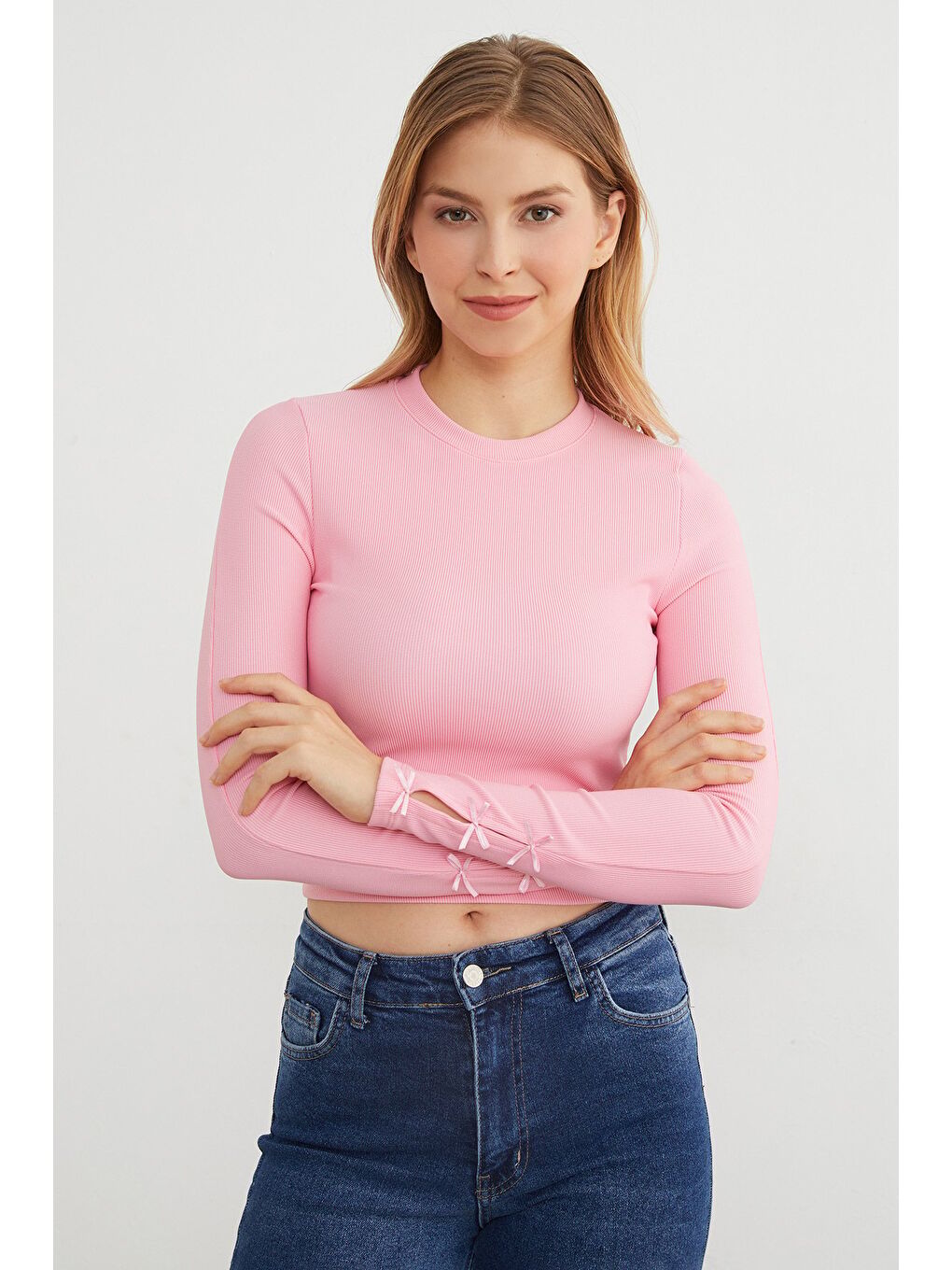 Pembe Fitilli Kolları Fiyonk Detaylı Bluz