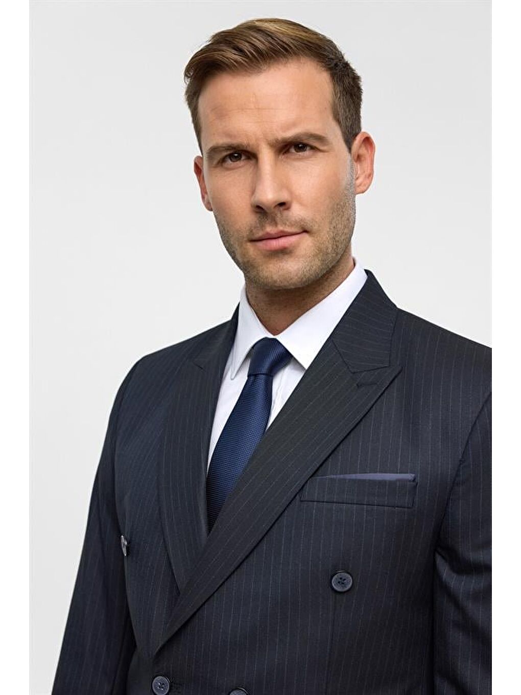 Lacivert Slim Çizgili Kruvaze Yaka 6 Drop Takım Elbise-6