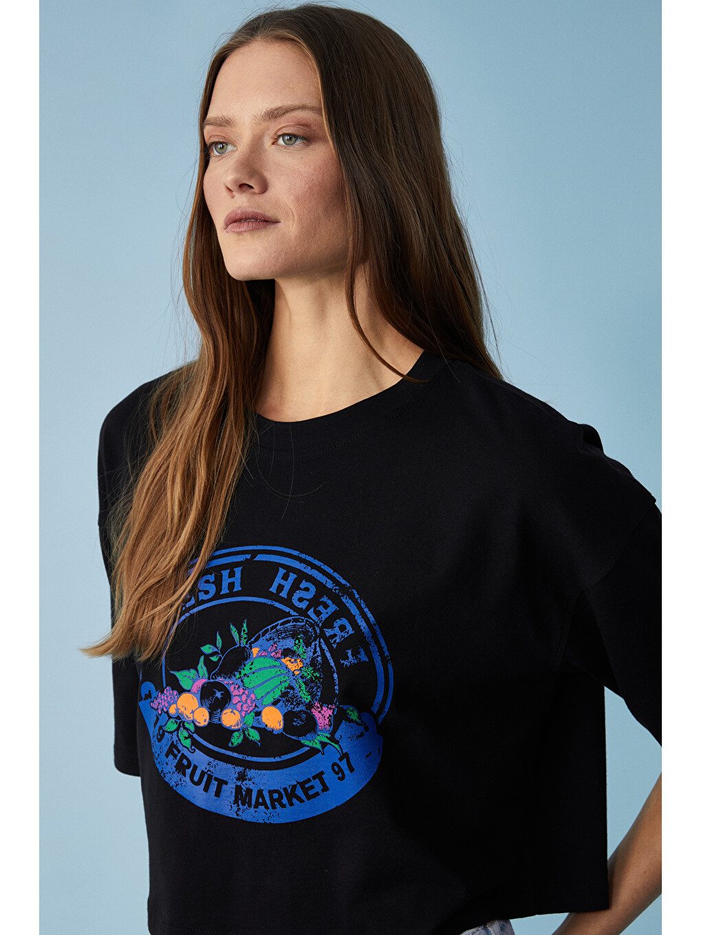 Ahrı Kadın Relaxed Bisiklet Yaka Baskılı Siyah T-shirt-1