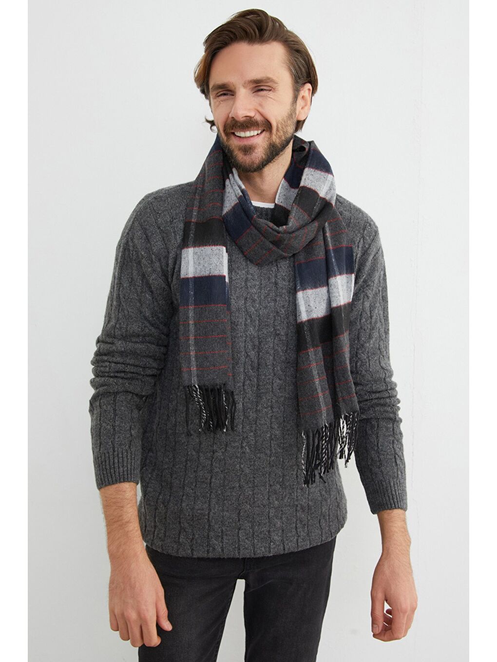 Antrasit Saç Örgüsü Desenli Bisiklet Yaka Kazak