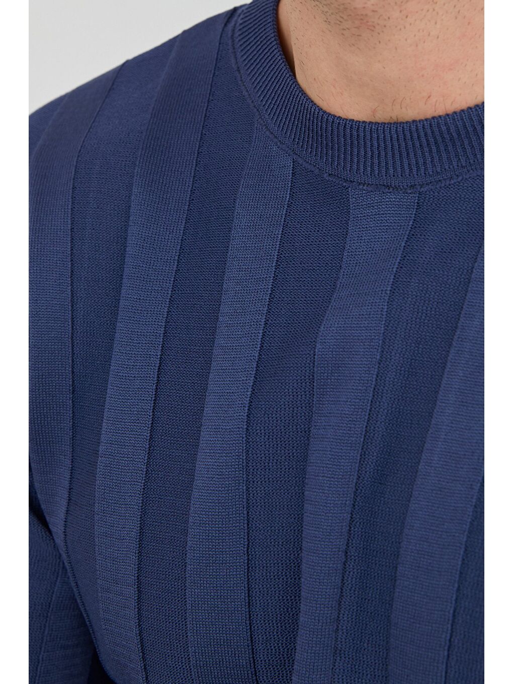 Lacivert Şeritli Bisiklet Yaka İnce Triko Kazak-2