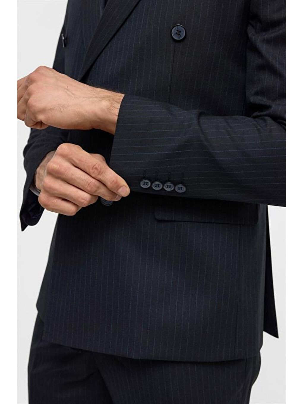 Lacivert Slim Çizgili Kruvaze Yaka 6 Drop Takım Elbise-7