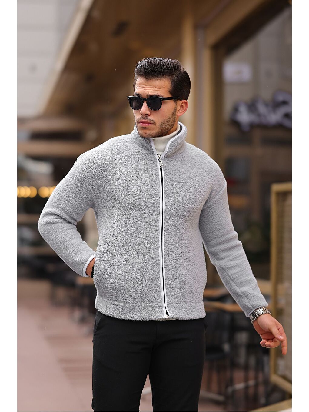 Gri Yan Cepli Tam Fermuarlı Pelüş Sweatshirt
