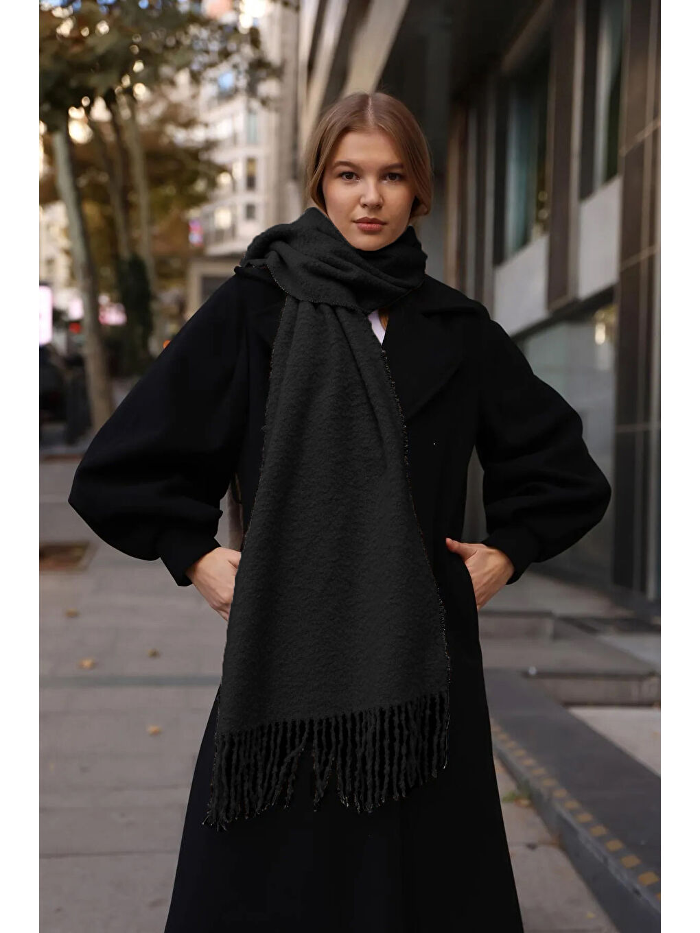 Püsküllü Buklet Atkı Şal 40X210 cm 1257 Siyah-2