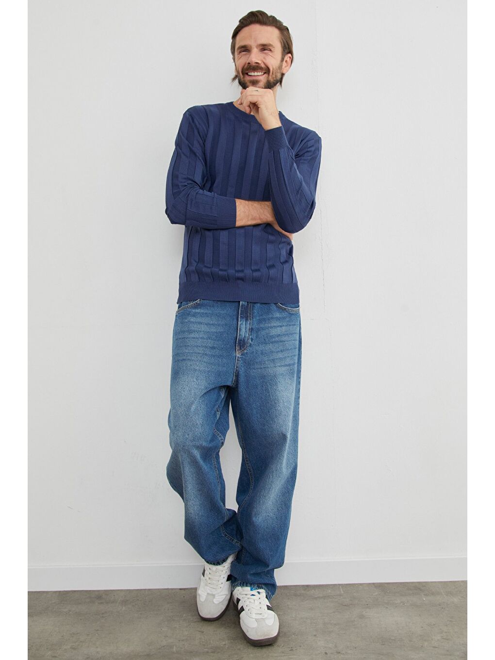 Lacivert Şeritli Bisiklet Yaka İnce Triko Kazak-3