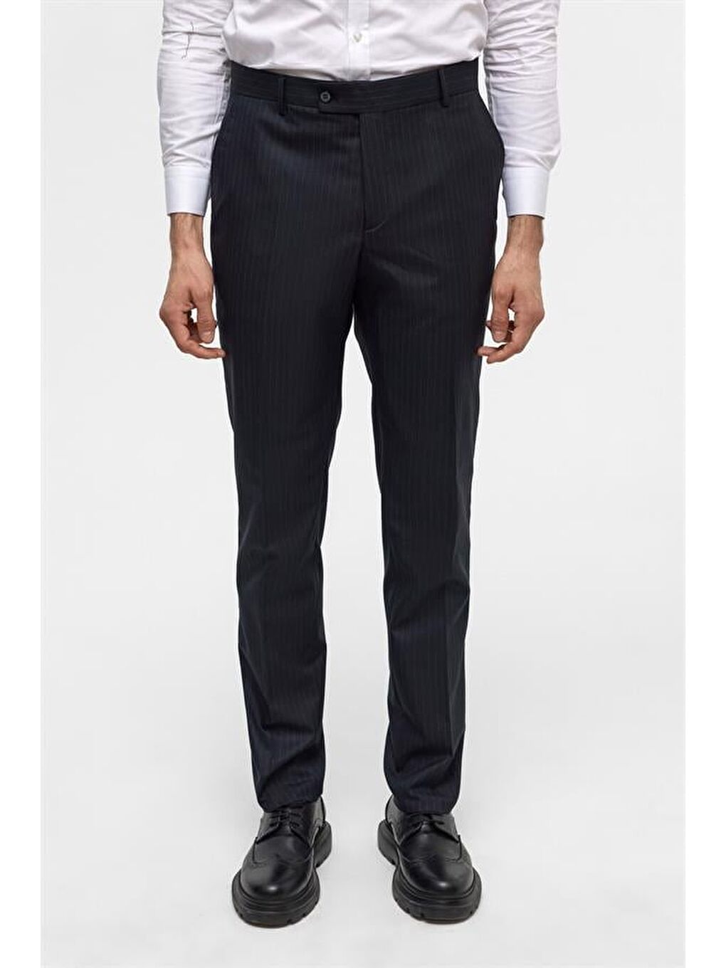 Lacivert Slim Çizgili Kruvaze Yaka 6 Drop Takım Elbise-8