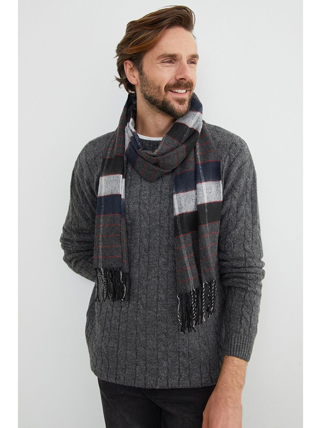 Antrasit Saç Örgüsü Desenli Bisiklet Yaka Kazak-1