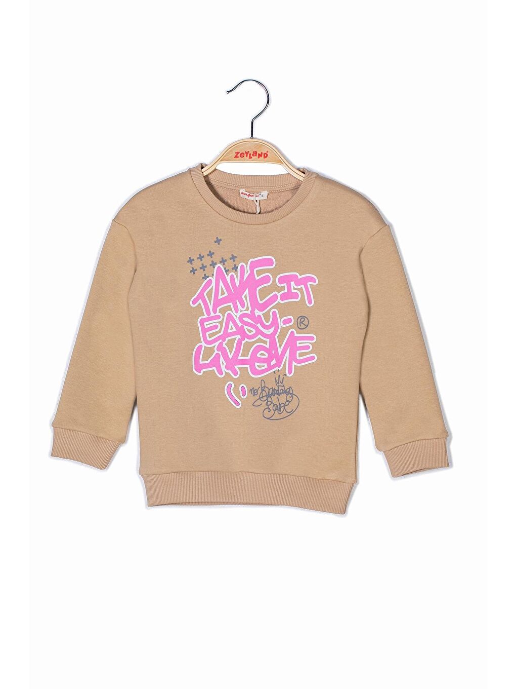 Bej Kız Çocuk Pembe Yazı Baskılı Sweatshirt-2