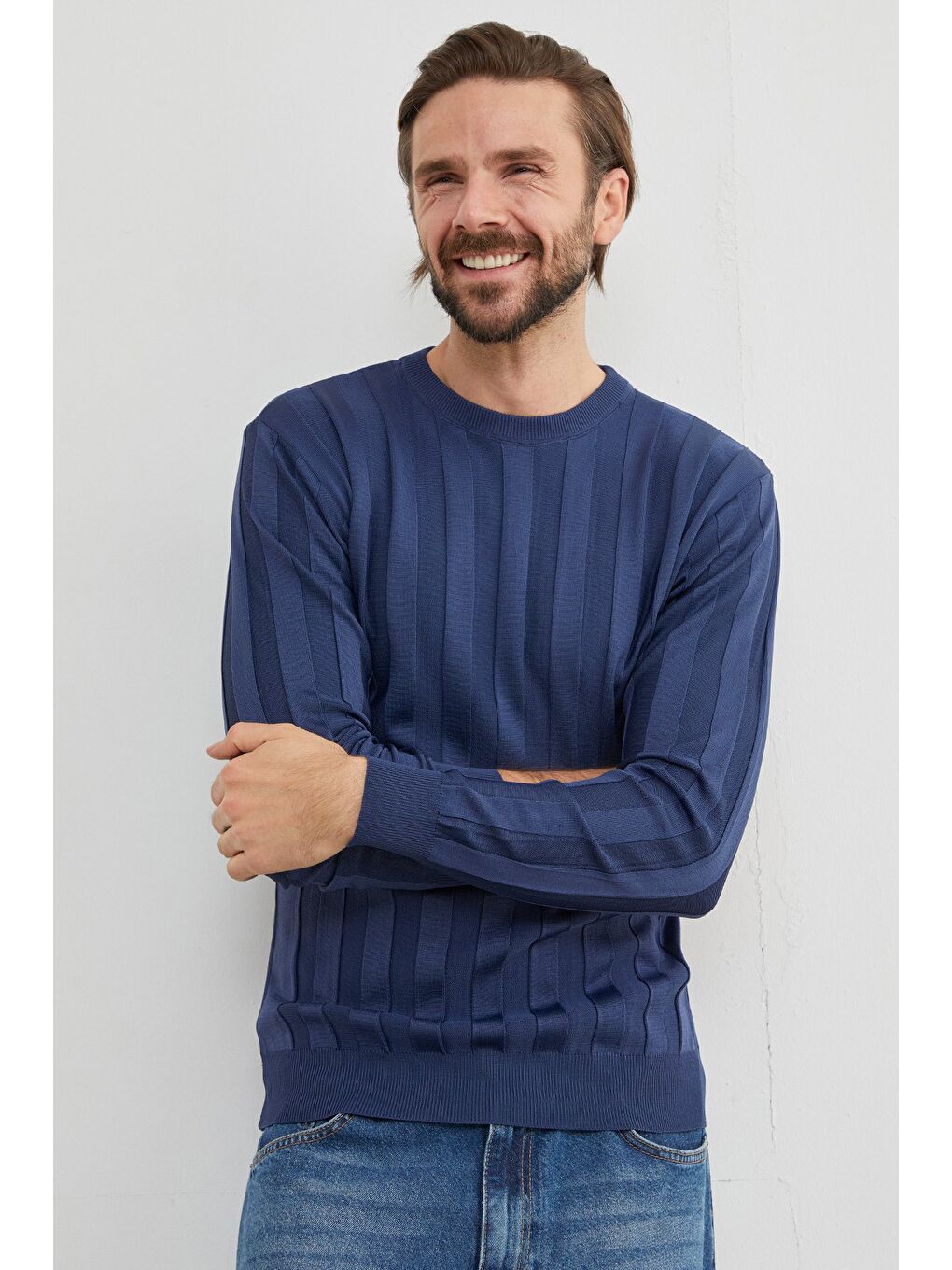 Lacivert Şeritli Bisiklet Yaka İnce Triko Kazak-4