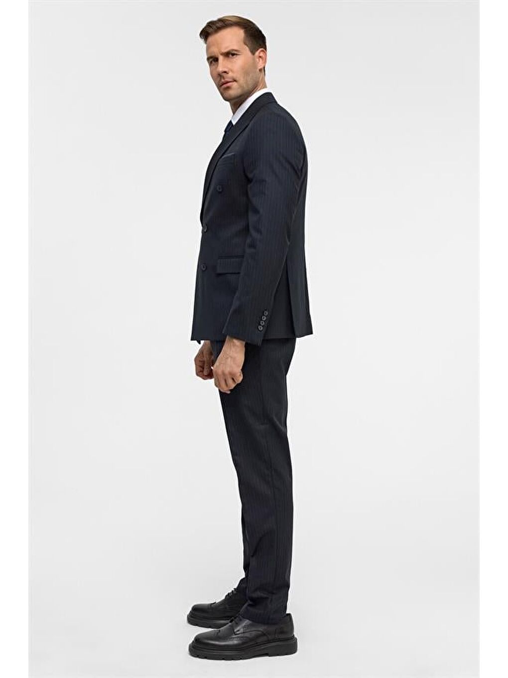 Lacivert Slim Çizgili Kruvaze Yaka 6 Drop Takım Elbise-9