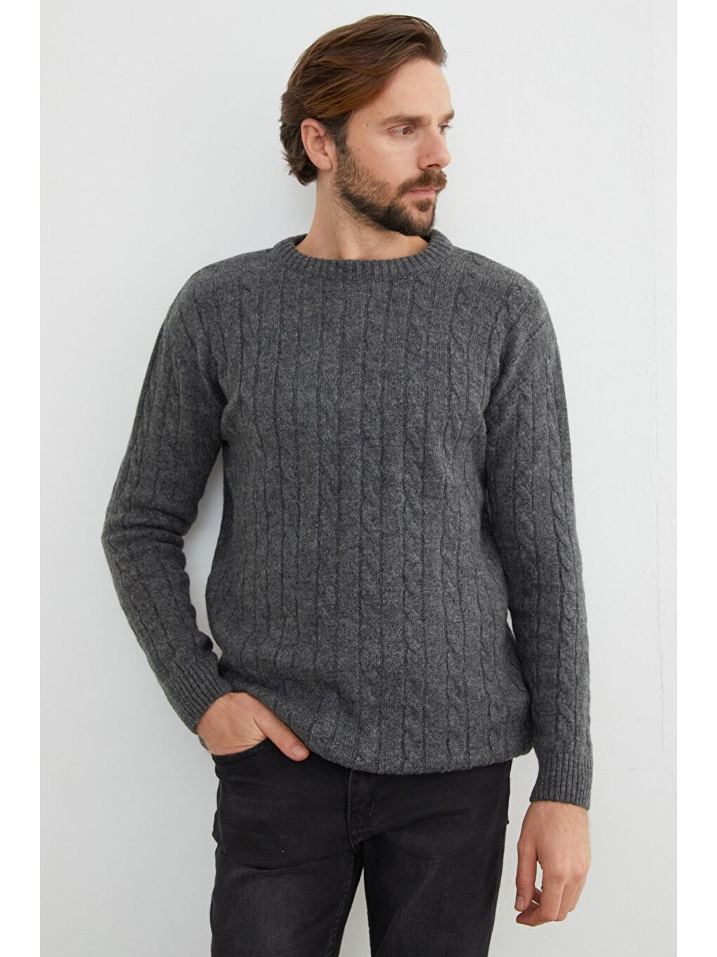 Antrasit Saç Örgüsü Desenli Bisiklet Yaka Kazak-2