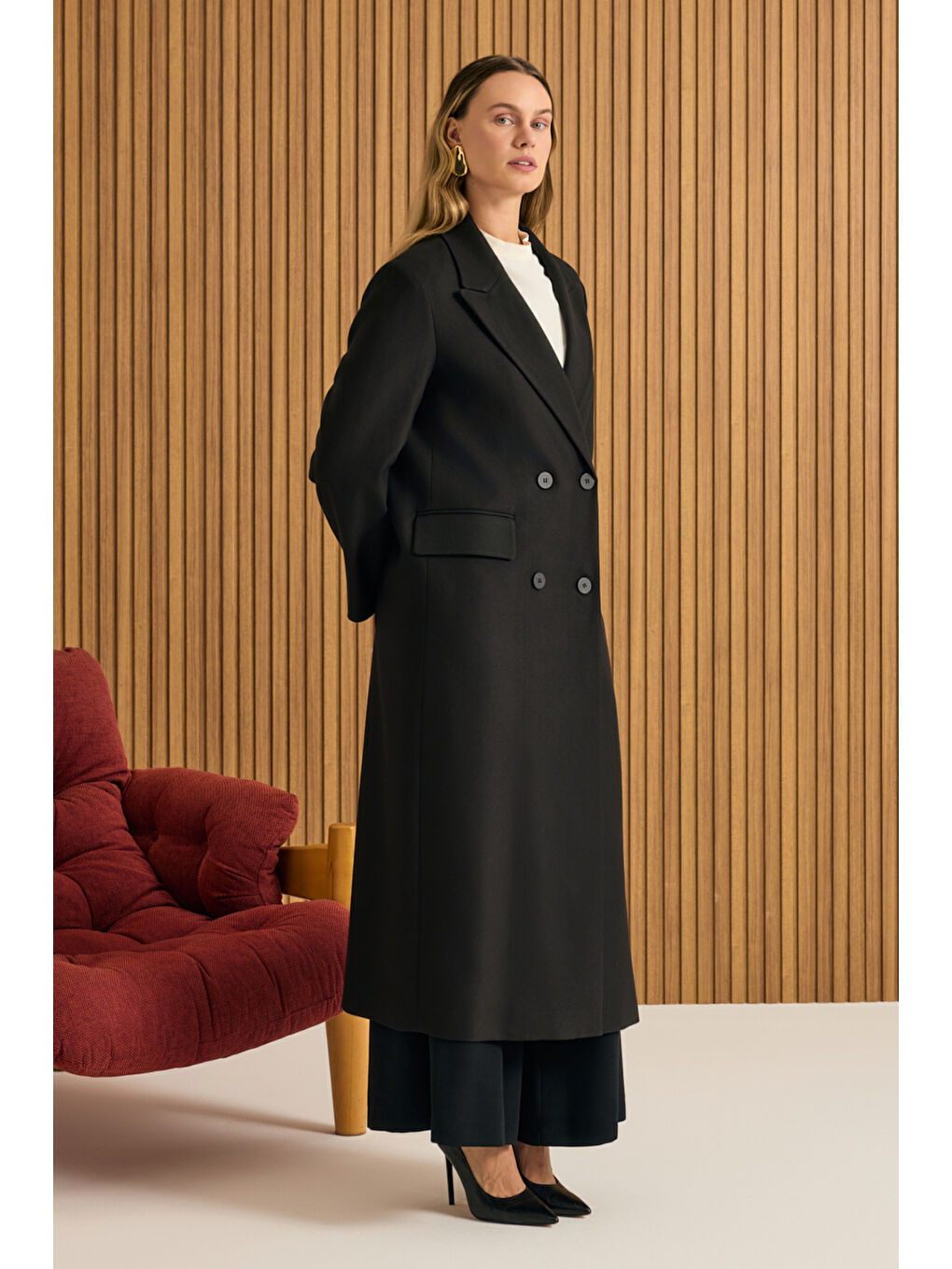 Siyah Kruvaze Kapama Pardösü-1