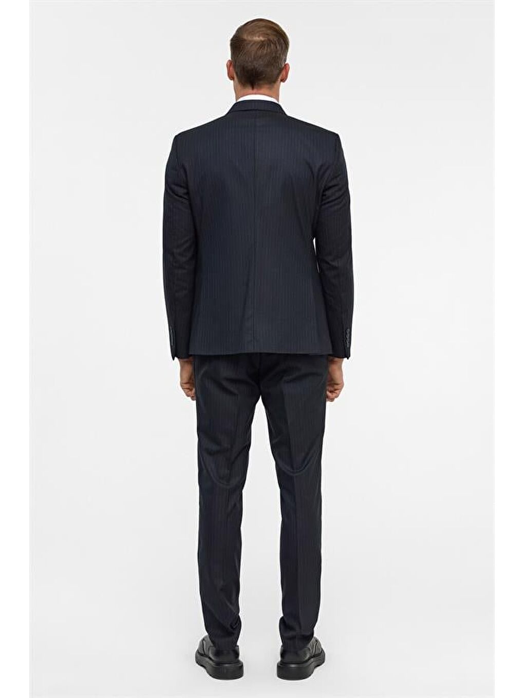 Lacivert Slim Çizgili Kruvaze Yaka 6 Drop Takım Elbise-10