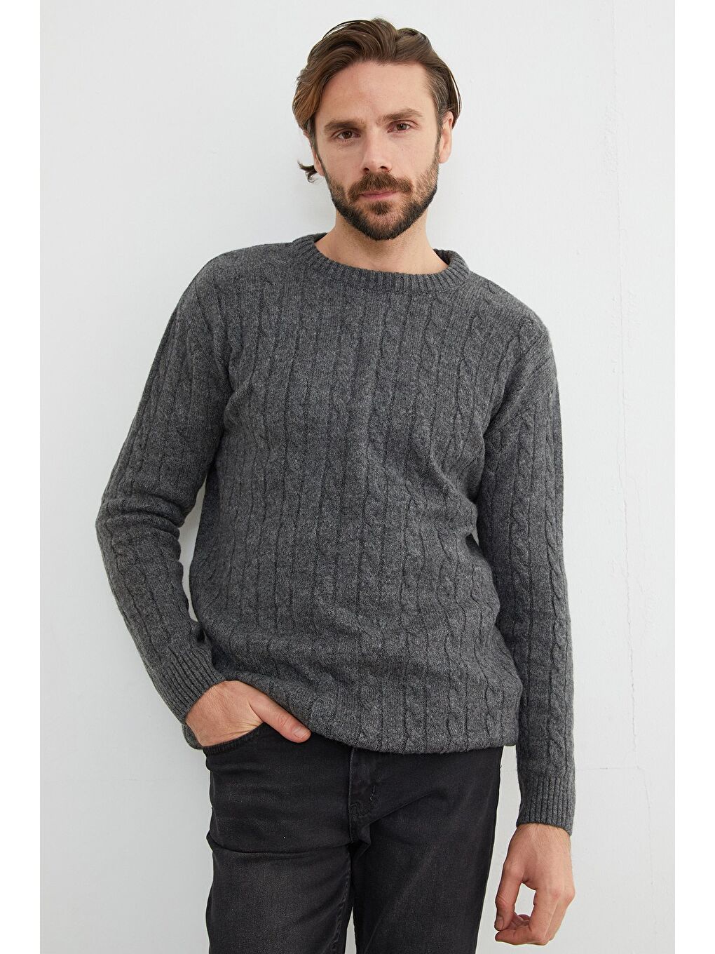 Antrasit Saç Örgüsü Desenli Bisiklet Yaka Kazak-3