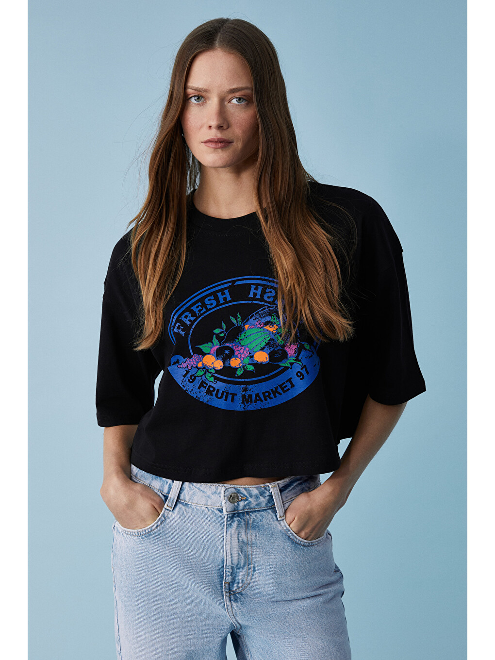 Ahrı Kadın Relaxed Bisiklet Yaka Baskılı Siyah T-shirt-2