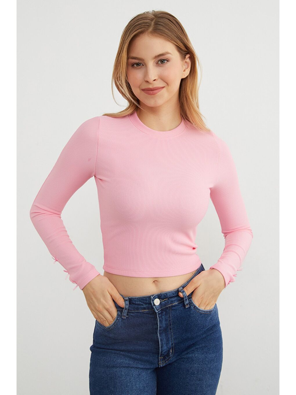 Pembe Fitilli Kolları Fiyonk Detaylı Bluz-2