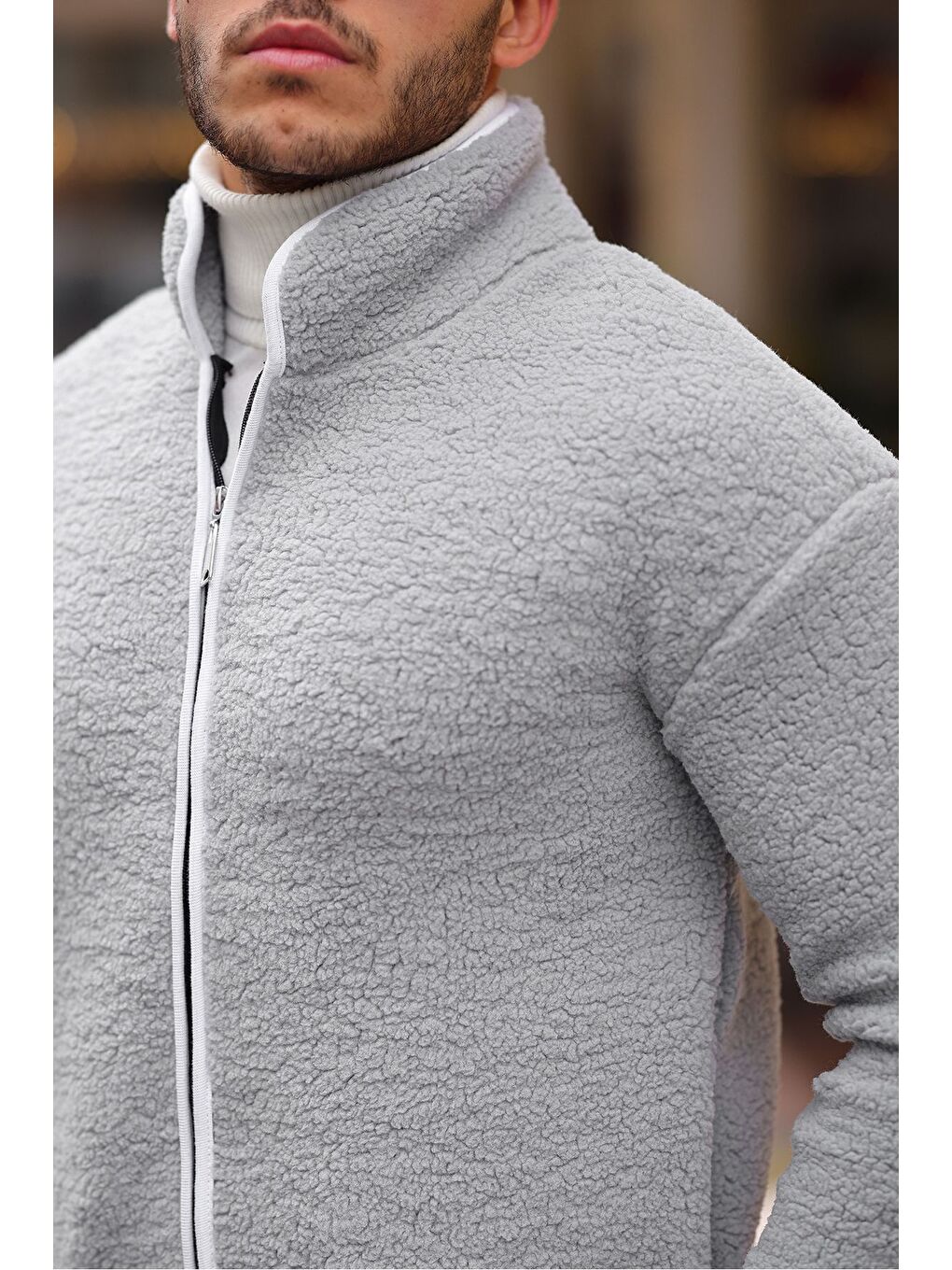 Gri Yan Cepli Tam Fermuarlı Pelüş Sweatshirt-1