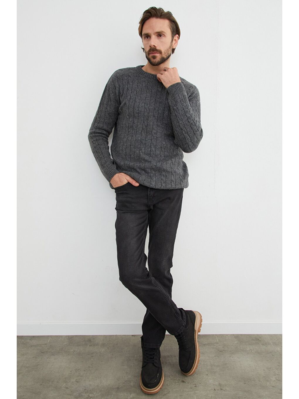 Antrasit Saç Örgüsü Desenli Bisiklet Yaka Kazak-4