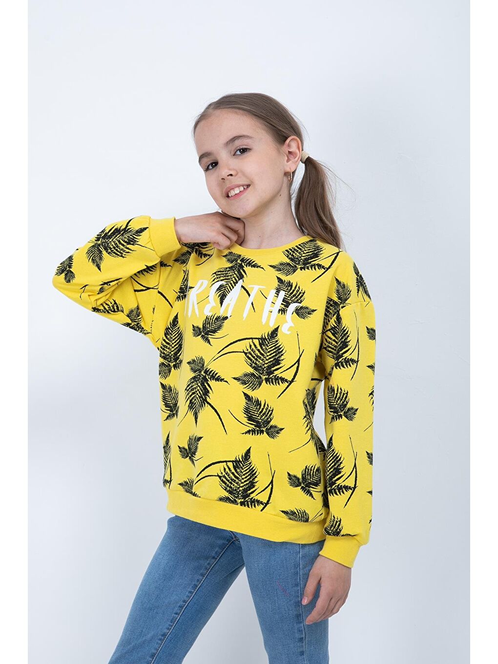 Sarı Kız Çocuk Yaprak Baskılı Sweatshirt