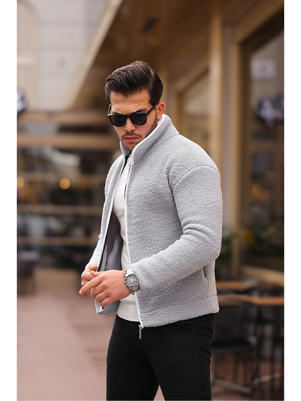 Gri Yan Cepli Tam Fermuarlı Pelüş Sweatshirt-2