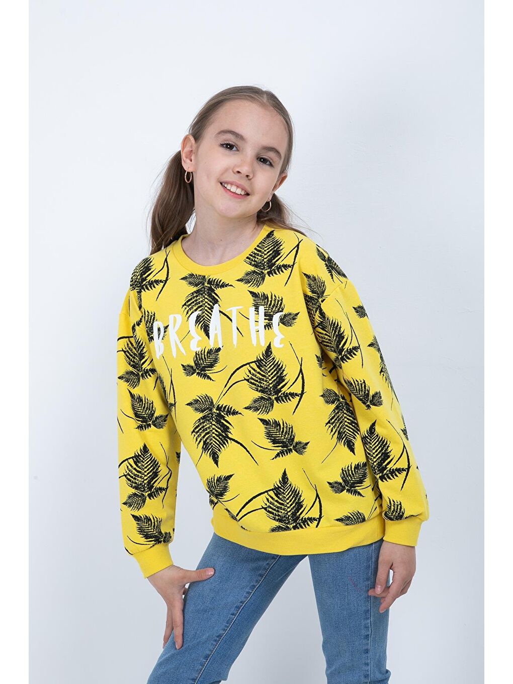 Sarı Kız Çocuk Yaprak Baskılı Sweatshirt-1