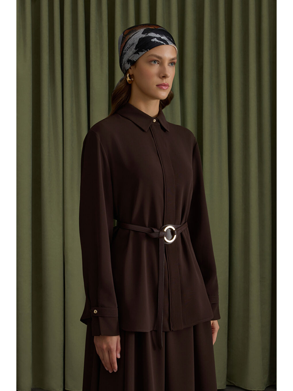 Kahverengi Krep Bluz-1