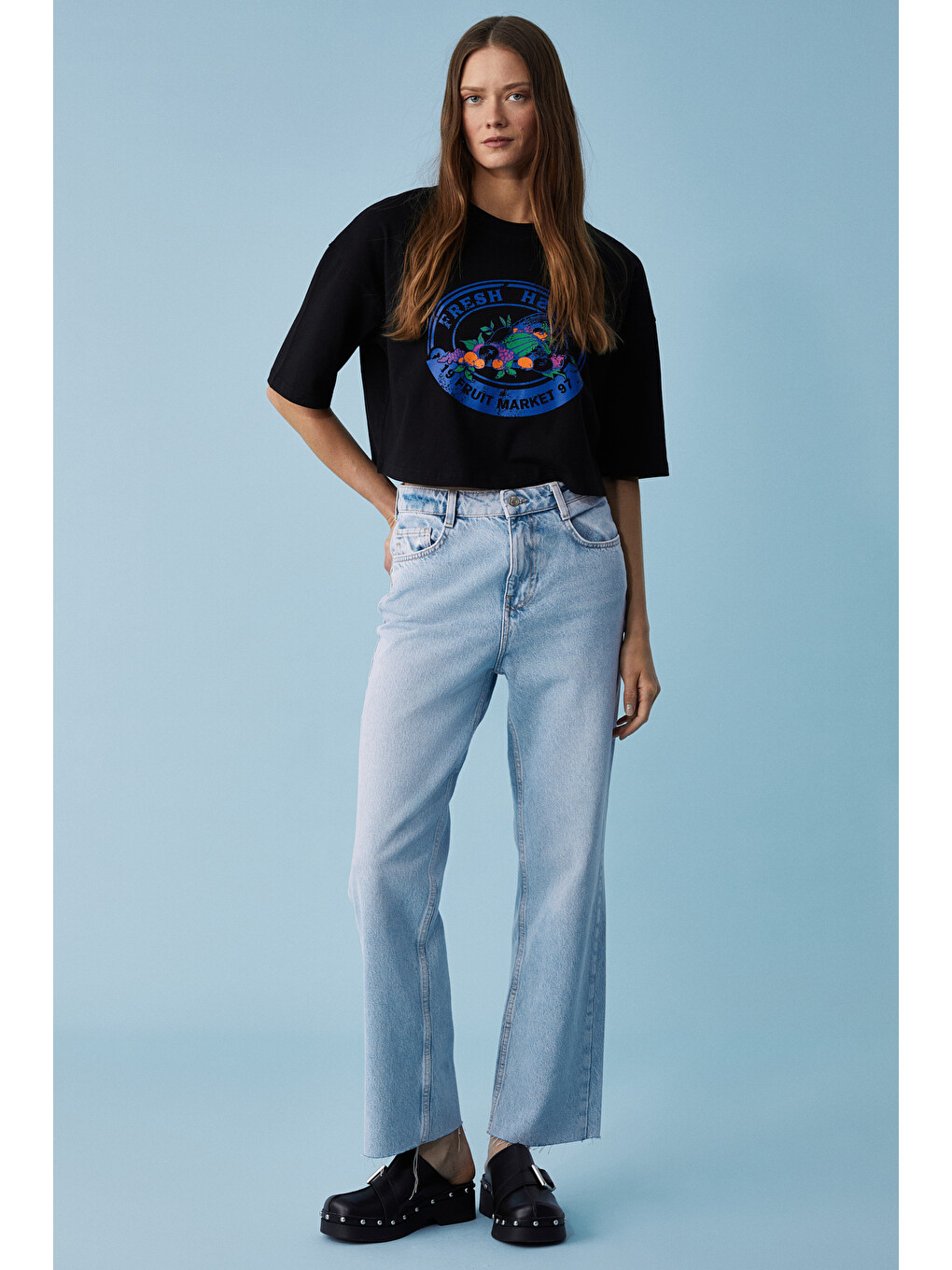 Ahrı Kadın Relaxed Bisiklet Yaka Baskılı Siyah T-shirt-3