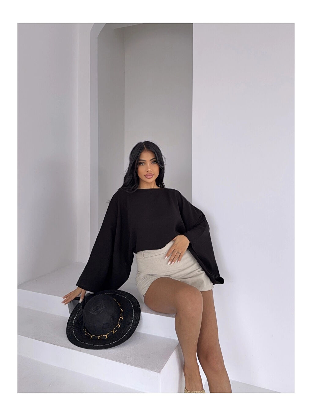 Kadın Siyah Panço Model Müslin Bluz HZL25S-DSB16161-1