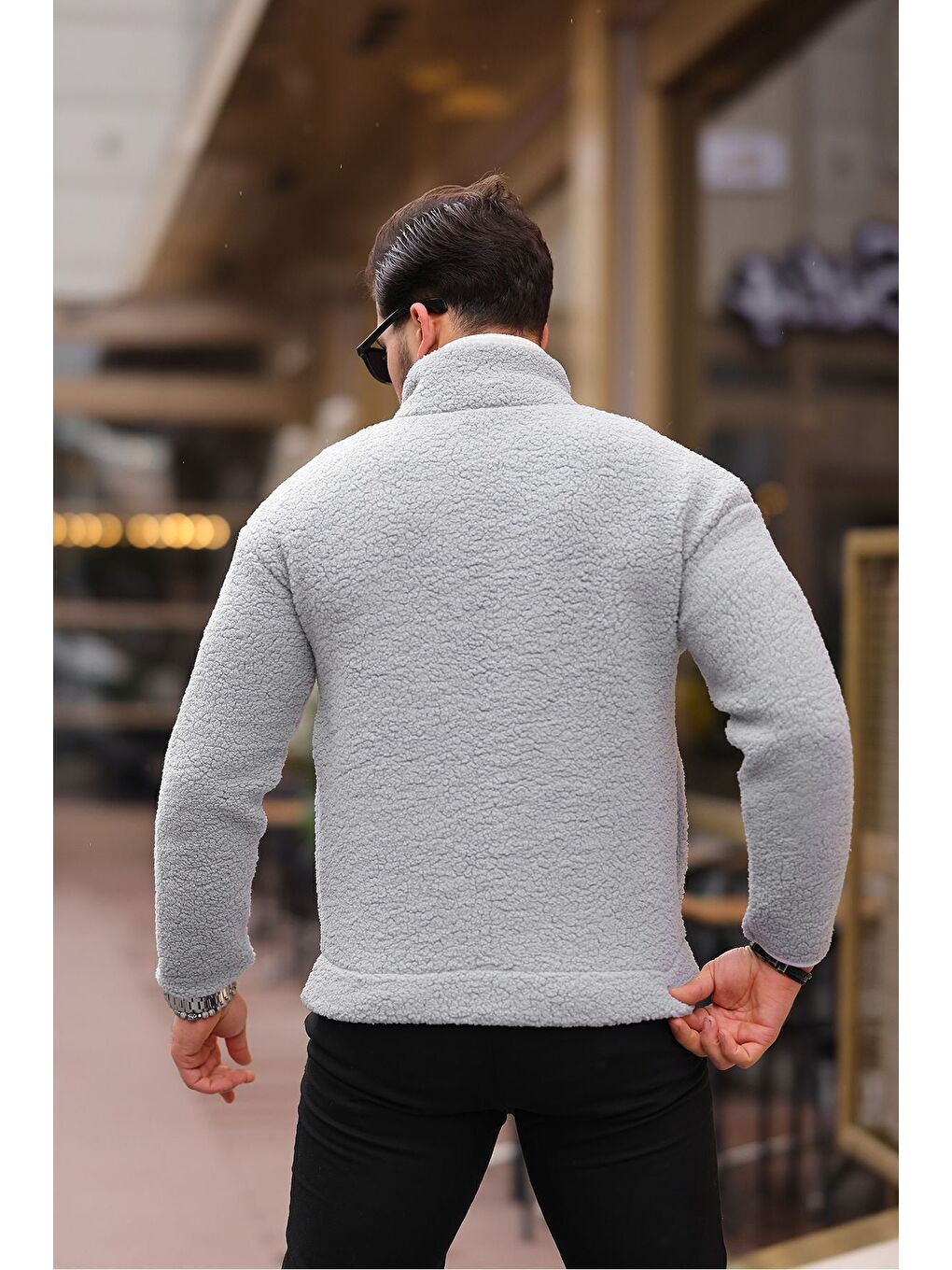 Gri Yan Cepli Tam Fermuarlı Pelüş Sweatshirt-3