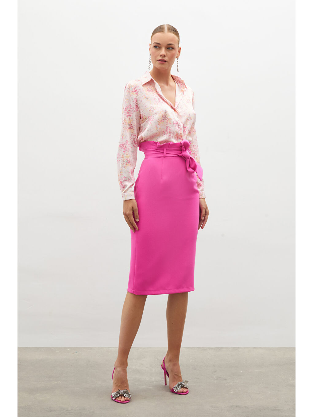 SATEEN Kuşaklı Kalem Etek - Pembe - 1