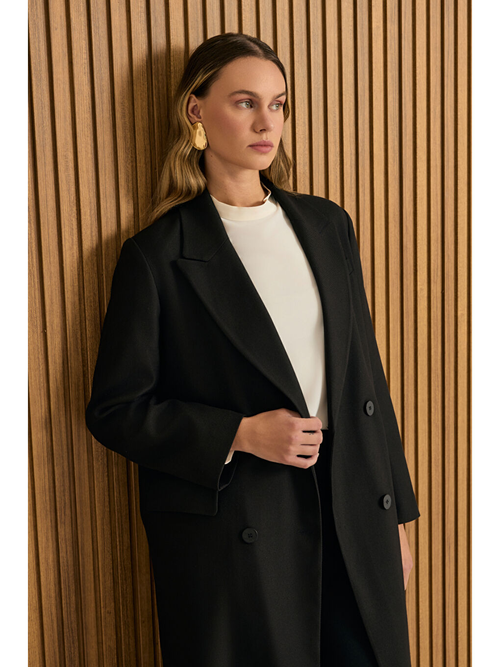 Siyah Kruvaze Kapama Pardösü-4