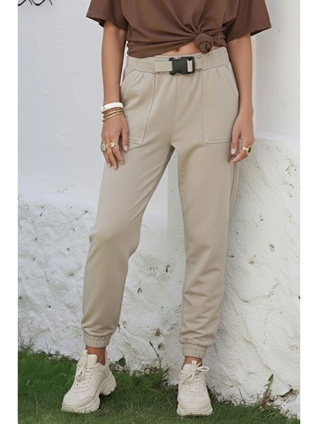 Bej Kemer Tokalı Lastikli Bel Lastikli Paça Casual Gabardin Dokuma Pantolon 100 55