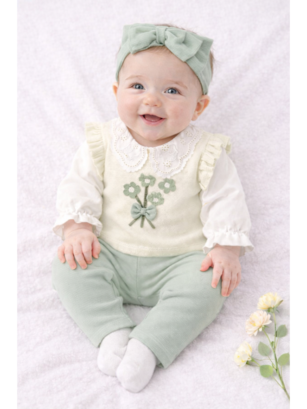 Yeşil Kız Bebek Çiçek Nakışlı Dantel Yakalı 3’lü Pamuklu Takım-1