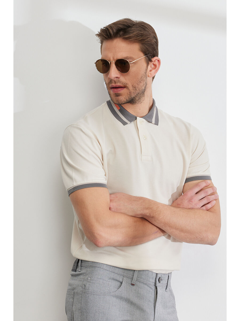 Erkek Bej Slim Fit Dar Kesim %100 Pamuk Polo Yaka Tişört-1