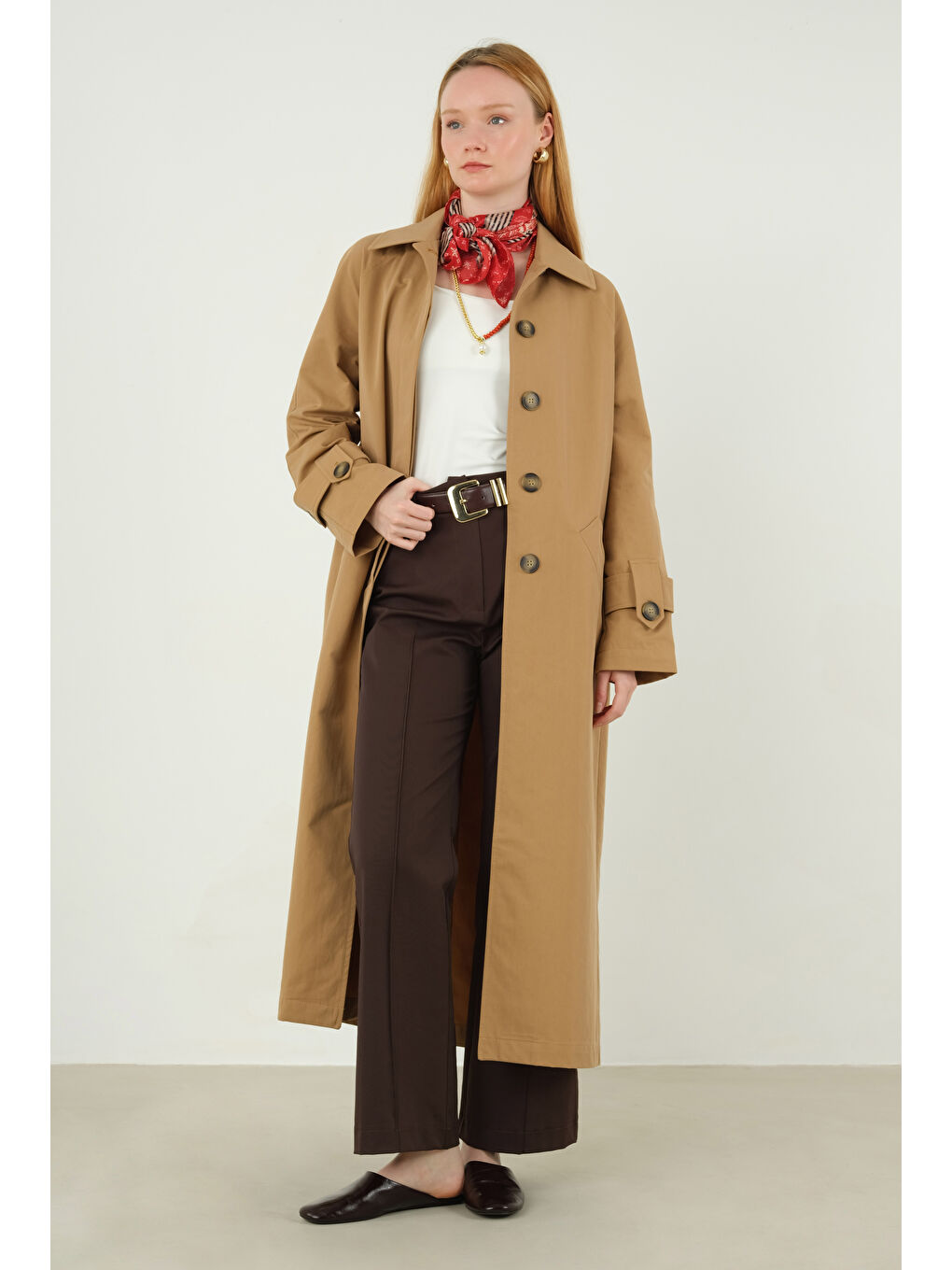 Kahverengi Çift Apoletli Trençkot Camel
