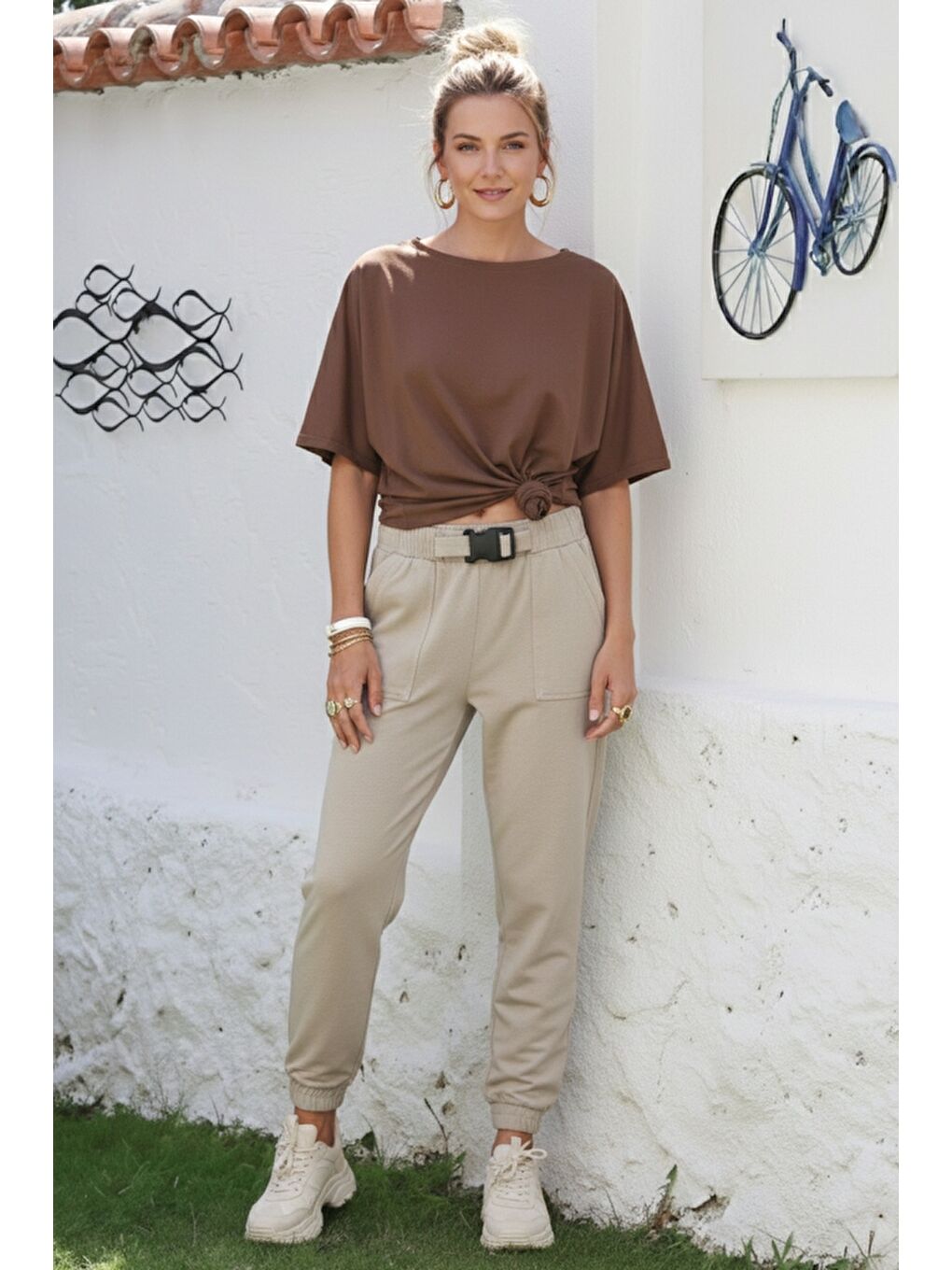 Bej Kemer Tokalı Lastikli Bel Lastikli Paça Casual Gabardin Dokuma Pantolon 100 55-1