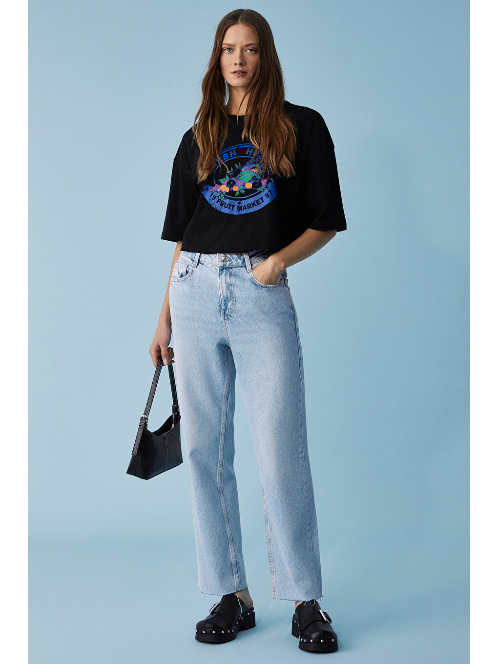 Ahrı Kadın Relaxed Bisiklet Yaka Baskılı Siyah T-shirt-4