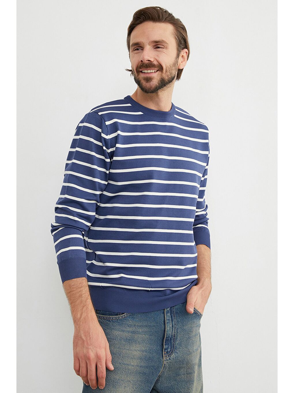 İndigo Çizgili Bisiklet Yaka Kazak